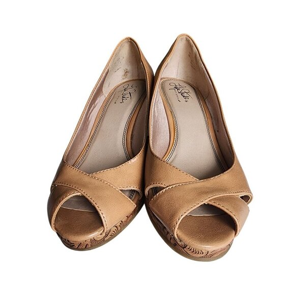 LifeStride Genuine Leather Peep Toe Platform Wedge Heels Tan Size 9 - Picture 2 of 13